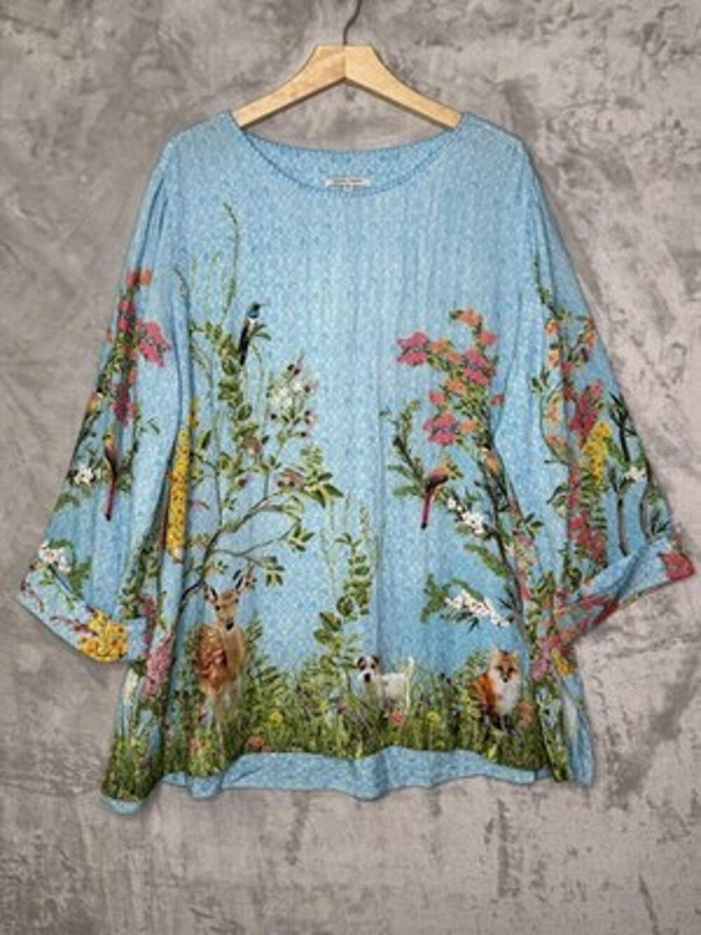 John Mark Blouse Womens 2X Blue Animal Floral Scenic Tunic 3/4 Sleeve Boho